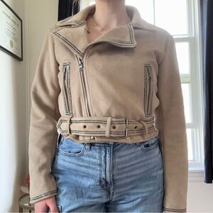 Zara Faux Suede Moto Jacket with Rhinestone Trim & Belt
